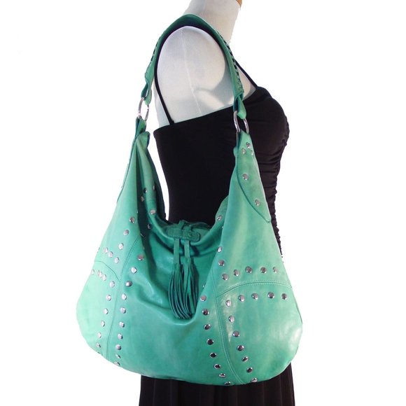 Sabina Handbags - SABINA NEW YORK Aqua Turquoise Large Leather Studded Hobo Shoulder Bag